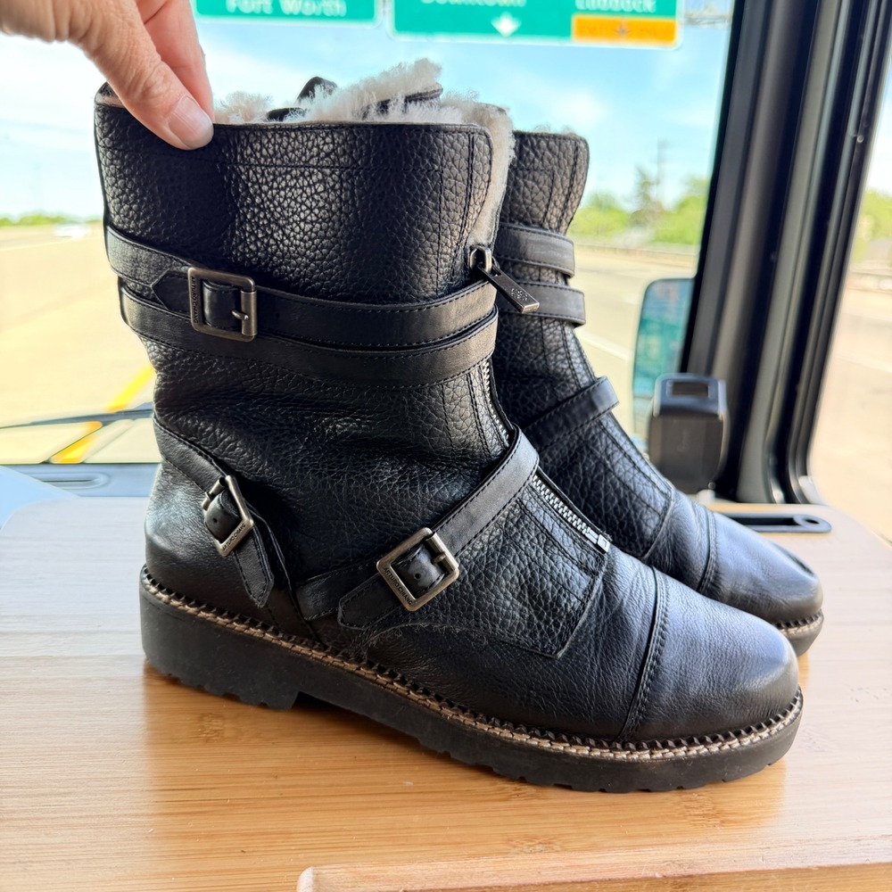 Arturo Chiang Women 9.5M Moto Boots Black Leather Fur Lined Buckle Straps Luxury